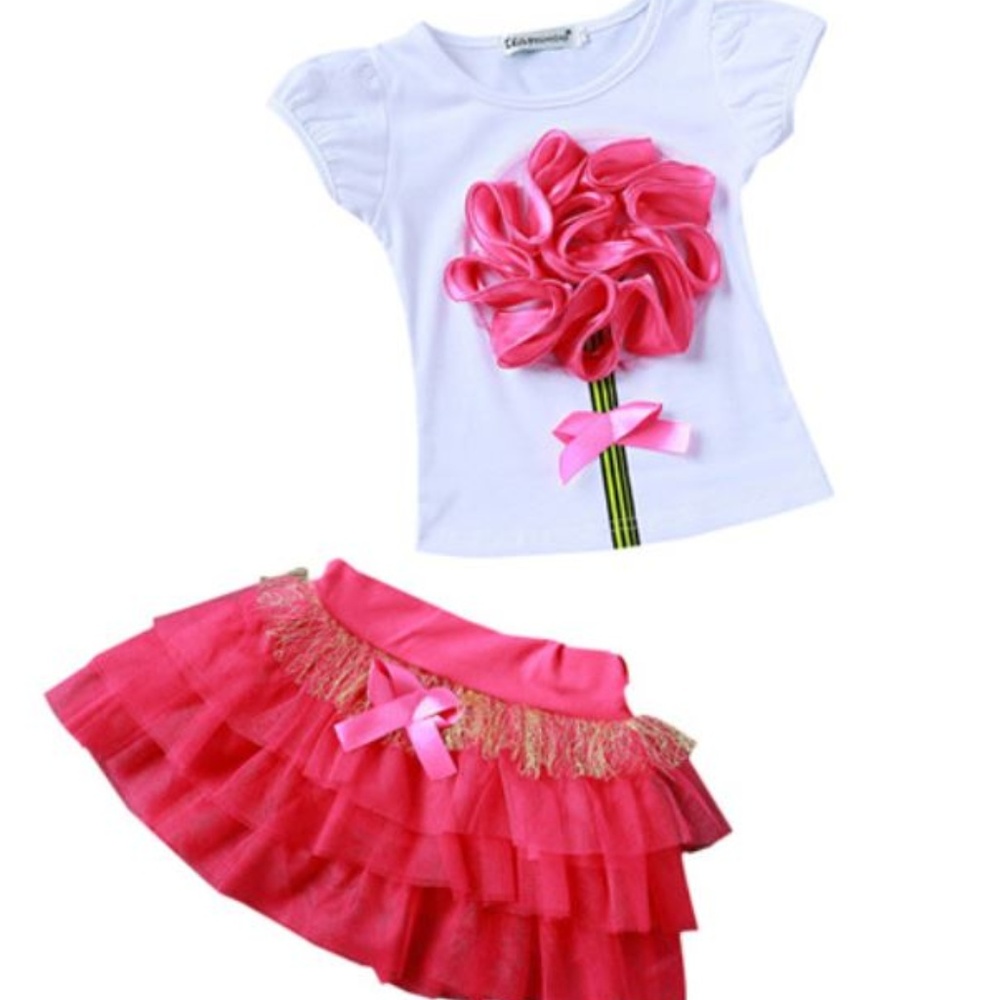 (C) Girls Flower T-Shirt and Tutu Skirt 2 piece Outfit